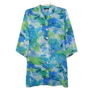 Ulla Popken Blue Green Floral Chiffon Art-to-Wear Jacket Topper Sz 20/22 2X